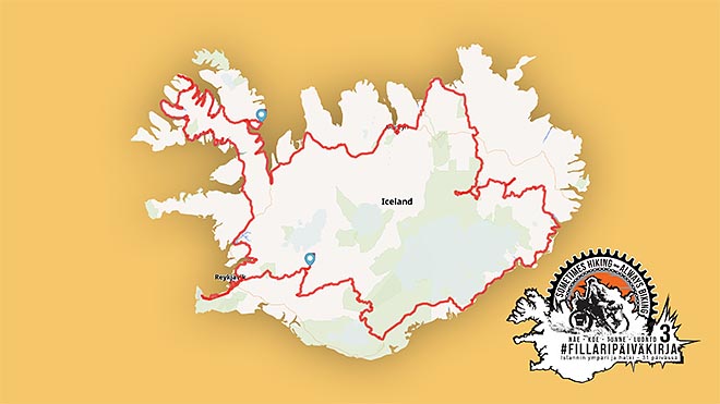 kartta 31 päivän bikepacking-reitistä islannin ympäri ja maan keskiosien halki.