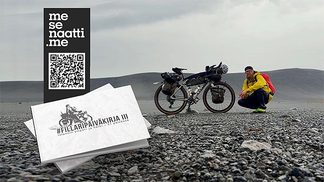 fillaripäiväkirja iii -kirjan mesenaatti-kampanjan kuva, jossa pyöräilijä ja bikepacking-pyörä islannissa.
